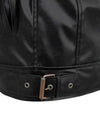 Close-up of a black leather jacket with a buckle on a white background