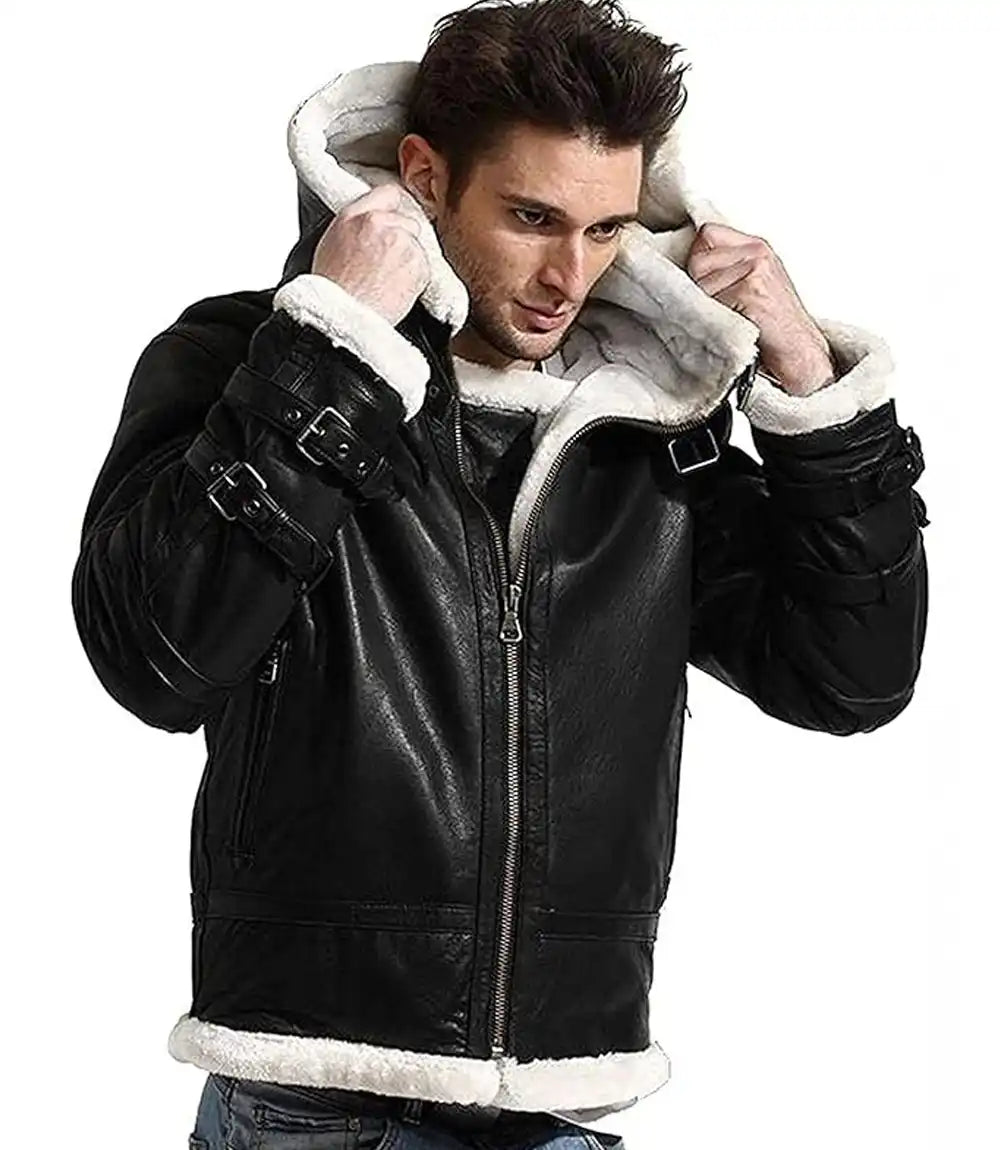 Mens Aviator Black Leather Jacket With Hood - MovieStarJacket