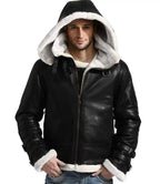 Mens Aviator Black Leather Jacket With Hood - MovieStarJacket