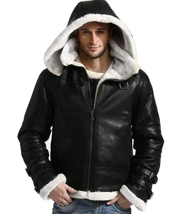 Mens Aviator Black Leather Jacket With Hood - MovieStarJacket