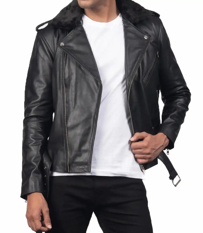 Mens Fur Collar Modern Streetwear Biker Leather Jacket - MovieStarJacket