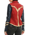 Red and black jacket with a prominent yellow 'V' design on a white background