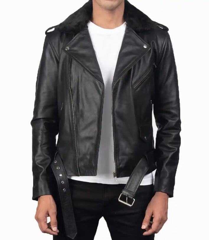 Mens Fur Collar Modern Streetwear Biker Leather Jacket - MovieStarJacket