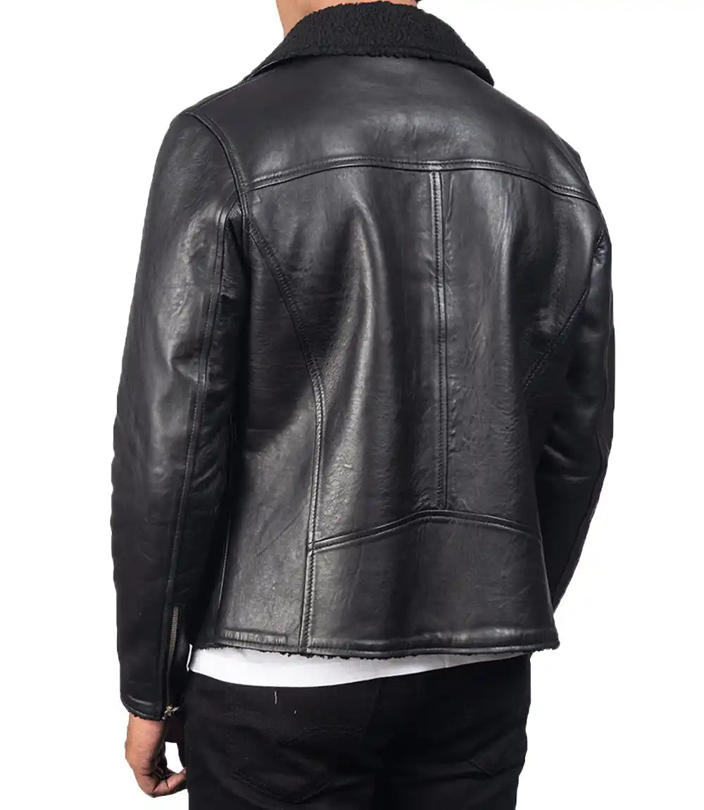Mens Black Sheepskin Shearling Biker Leather Jacket - MovieStarJacket