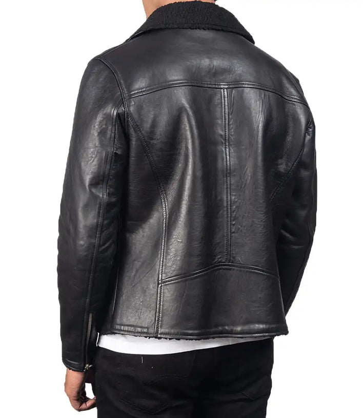 Mens Black Sheepskin Shearling Biker Leather Jacket - MovieStarJacket