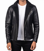 Mens Black Sheepskin Shearling Biker Leather Jacket - MovieStarJacket