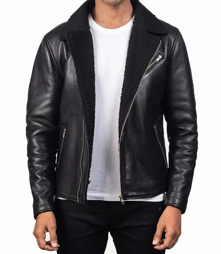 Mens Black Sheepskin Shearling Biker Leather Jacket - MovieStarJacket