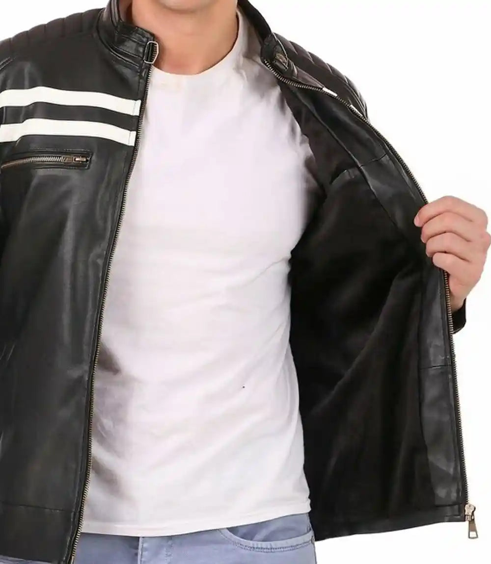 Mens White Stripes Black Moto Leather Jacket - MovieStarJacket