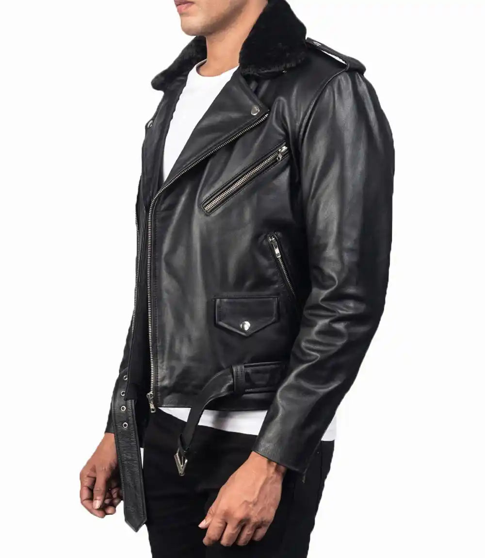 Mens Fur Collar Modern Streetwear Biker Leather Jacket - MovieStarJacket