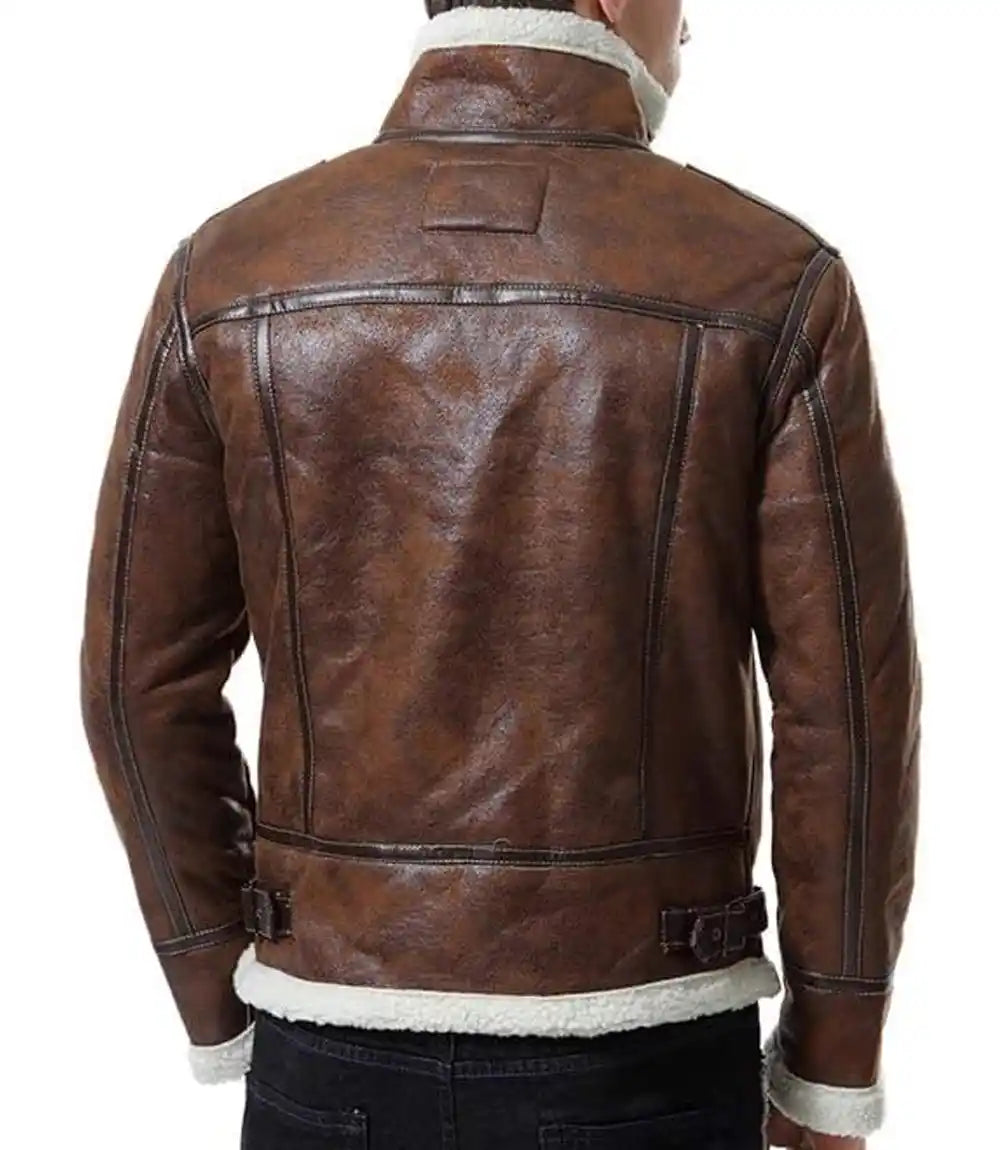 Mens Shearling Moto Brown Sherpa Leather Jacket - MovieStarJacket