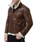 Mens Shearling Moto Brown Sherpa Leather Jacket - MovieStarJacket