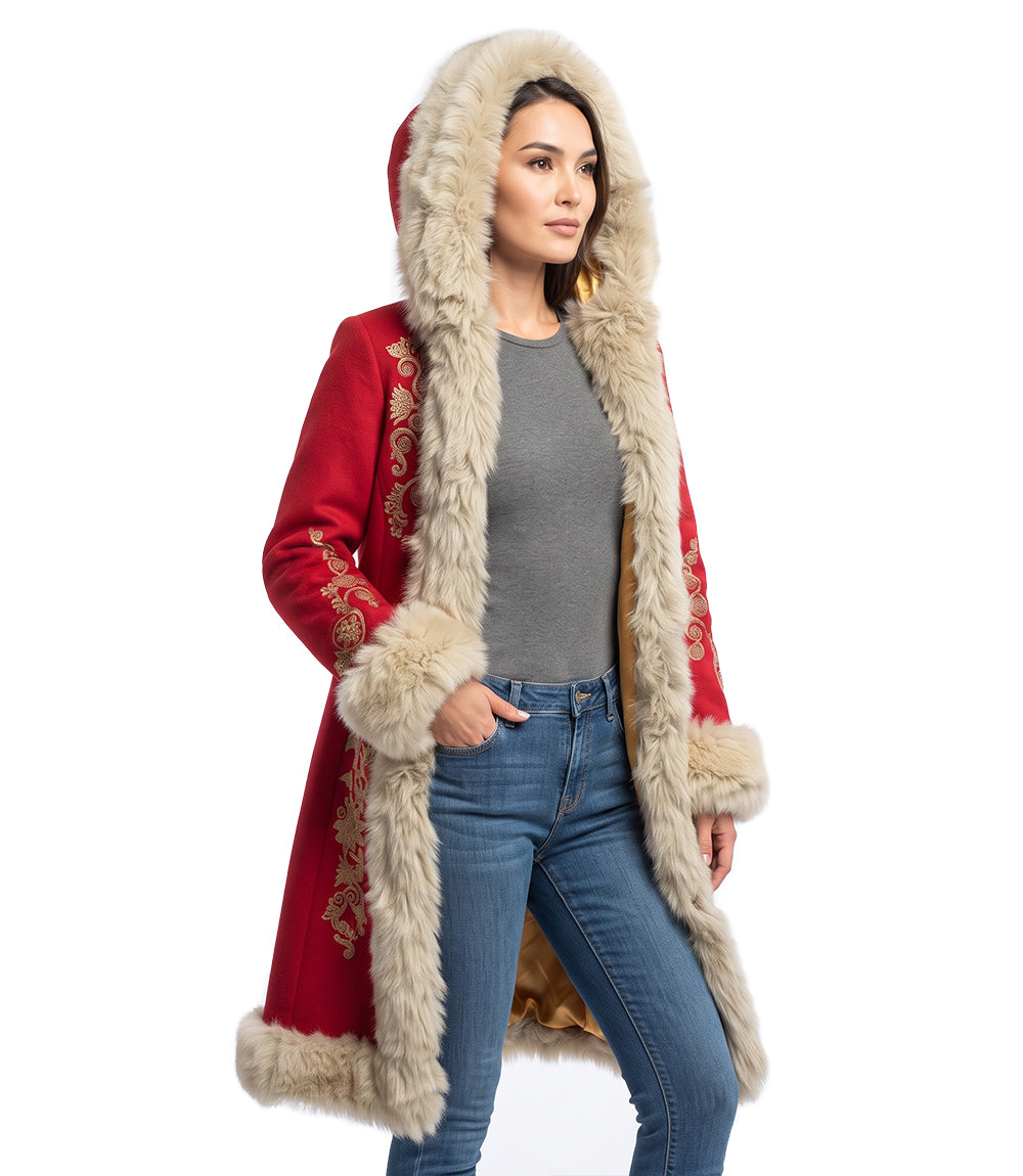 Luxury Red Christmas Coat For Women with Golden Scrollwork