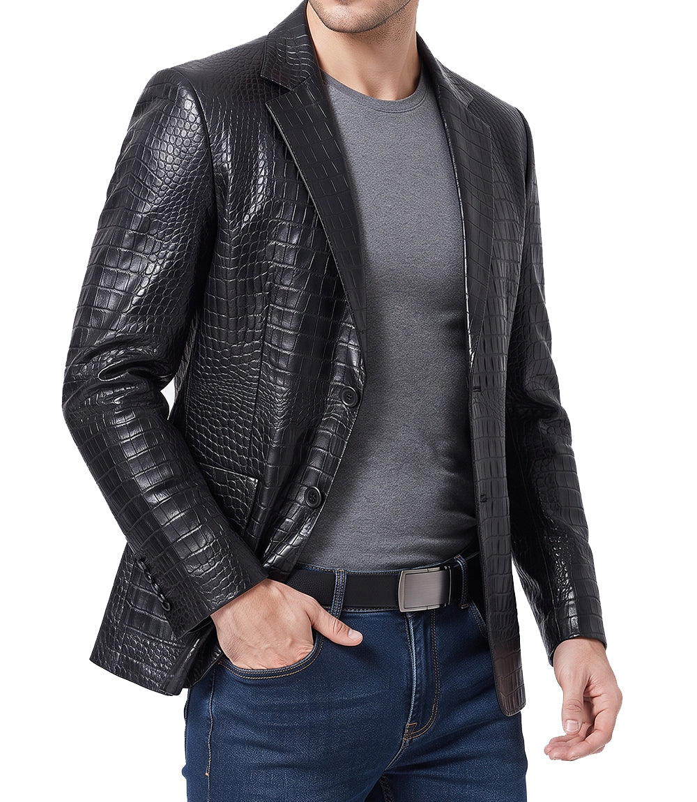 Mens Black Leather Alligator Texture Blazer Coat