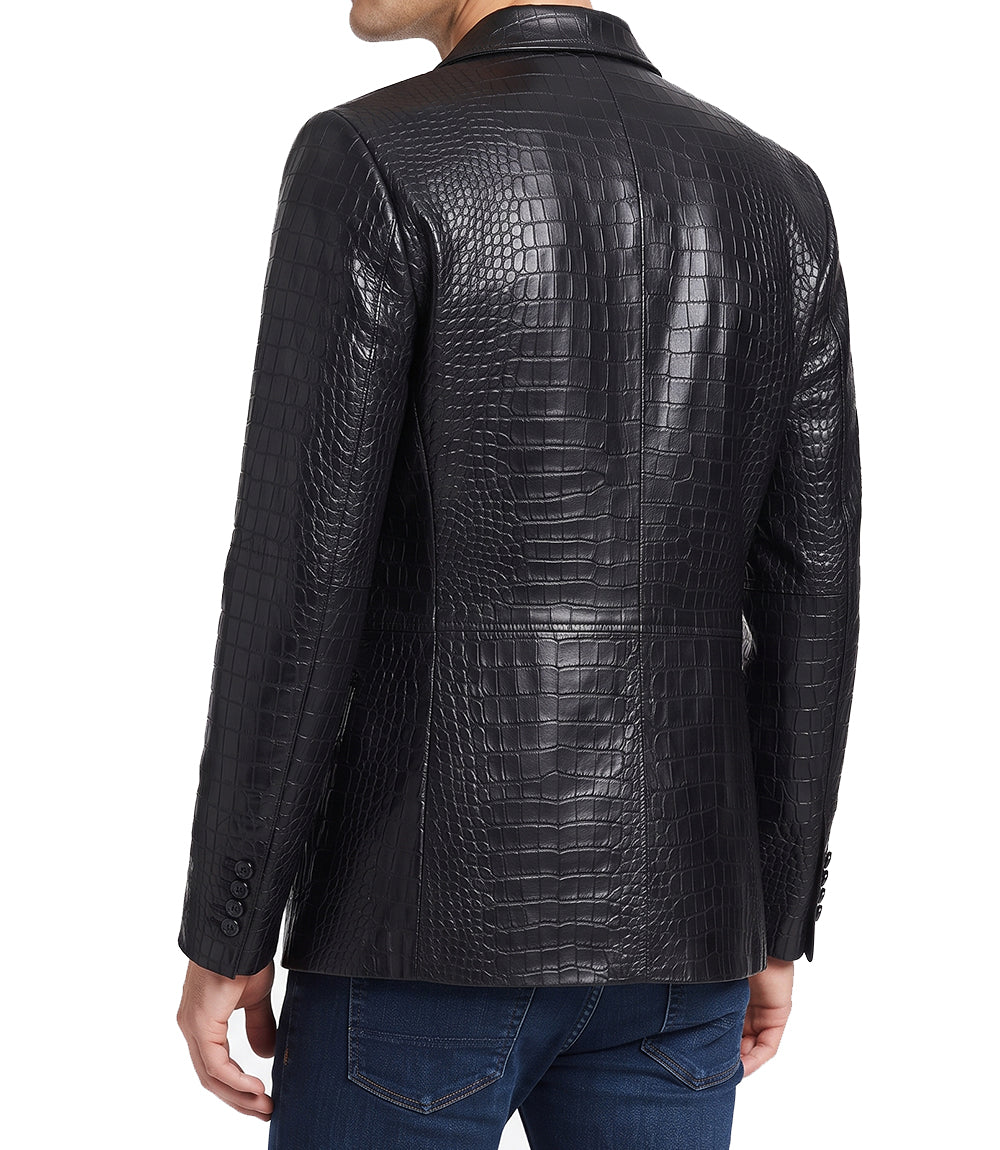 Mens Black Leather Alligator Texture Blazer Coat