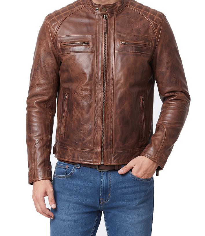 Mens Brown Cafe Racer Vintage Quilted Leather Jacket