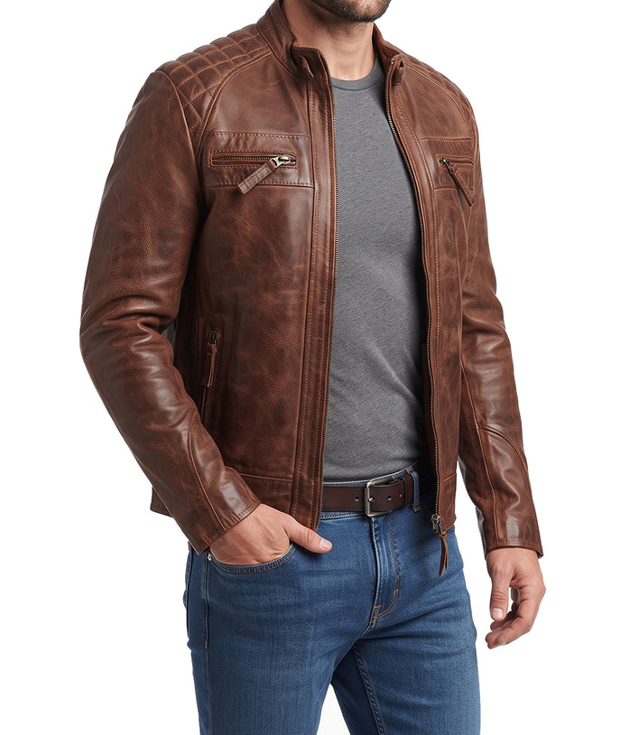 Mens Brown Cafe Racer Vintage Quilted Leather Jacket