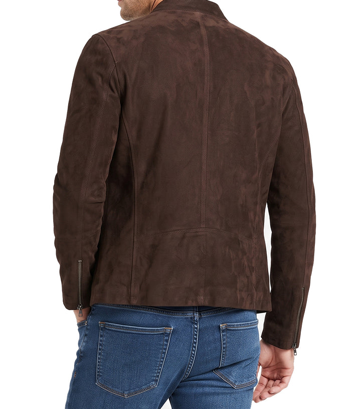 Mens Brown Genuine Suede Modern Moto Leather Jacket