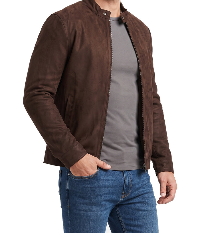 Mens Brown Genuine Suede Modern Moto Leather Jacket