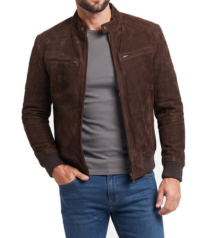 Mens Brown Suede Designer 70s Bomber Jacket