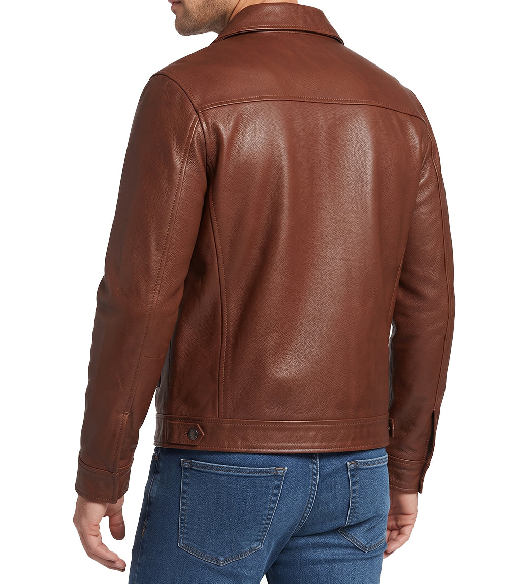 Mens Chocolate Brown Trucker Leather Jacket