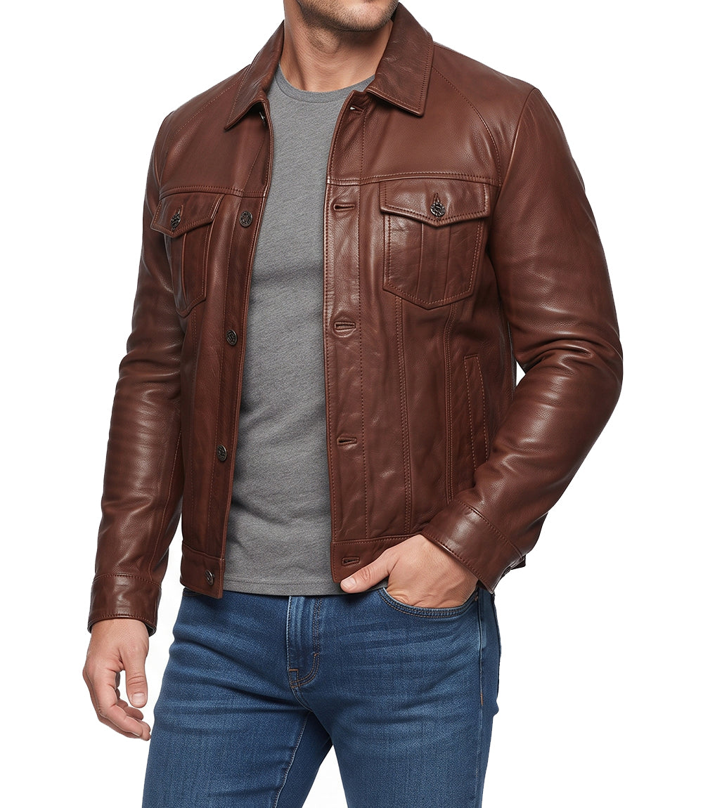 Mens Chocolate Brown Trucker Leather Jacket