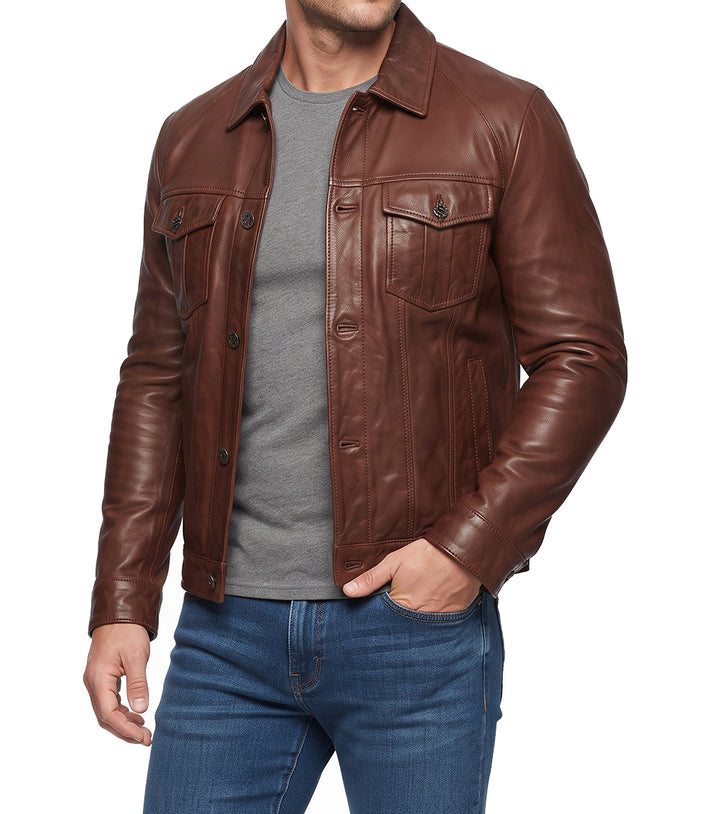 Mens Chocolate Brown Trucker Leather Jacket