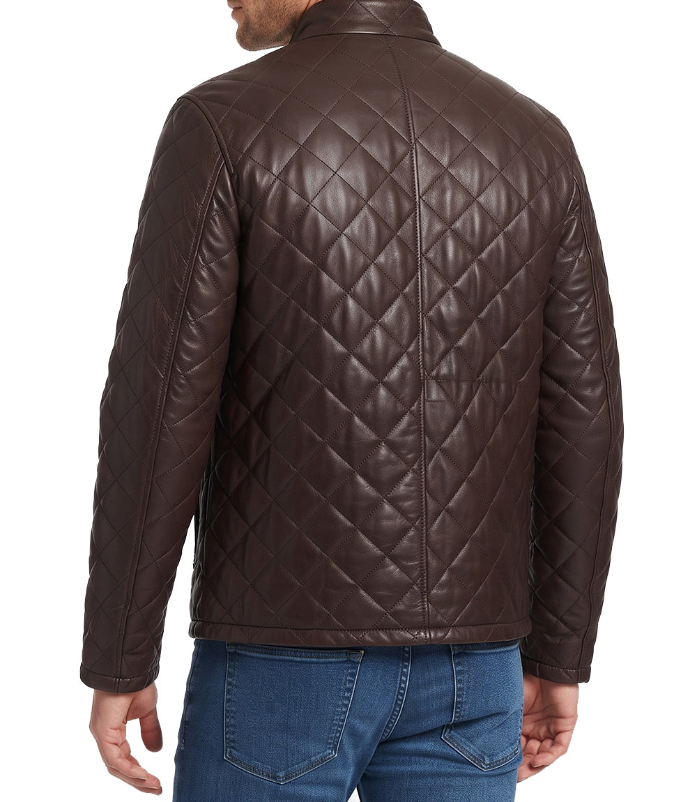 Mens Diamond Quilted Long Brown Leather Jacket