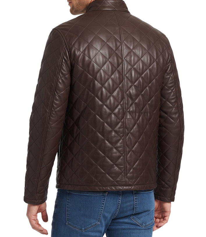 Mens Diamond Quilted Long Brown Leather Jacket