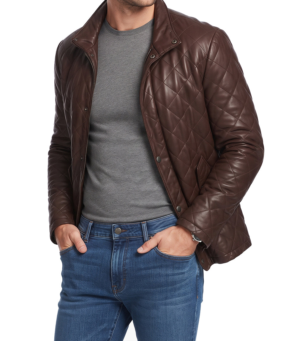 Mens Diamond Quilted Long Brown Leather Jacket