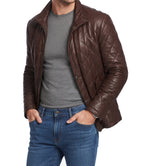 Mens Diamond Quilted Long Brown Leather Jacket