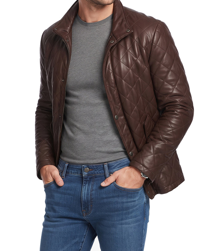 Mens Diamond Quilted Long Brown Leather Jacket