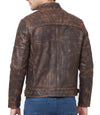 Mens Distressed Brown Cafe Racer Quilted Moto Leather Jacket