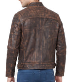 Mens Distressed Brown Cafe Racer Quilted Moto Leather Jacket