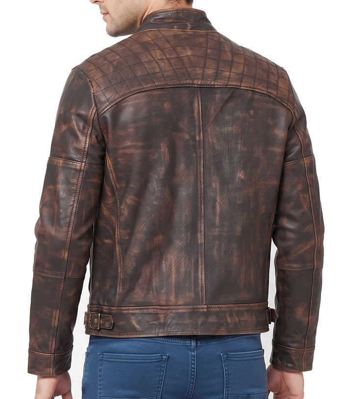 Mens Distressed Brown Cafe Racer Quilted Moto Leather Jacket