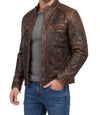 Mens Distressed Brown Cafe Racer Quilted Moto Leather Jacket