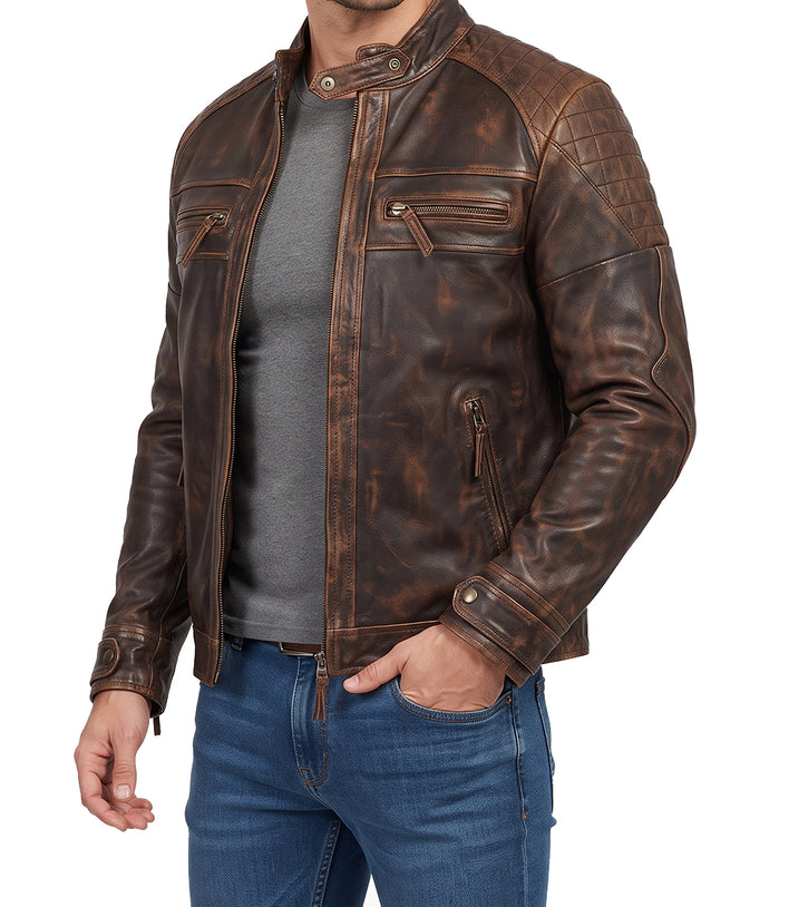 Mens Distressed Brown Cafe Racer Quilted Moto Leather Jacket