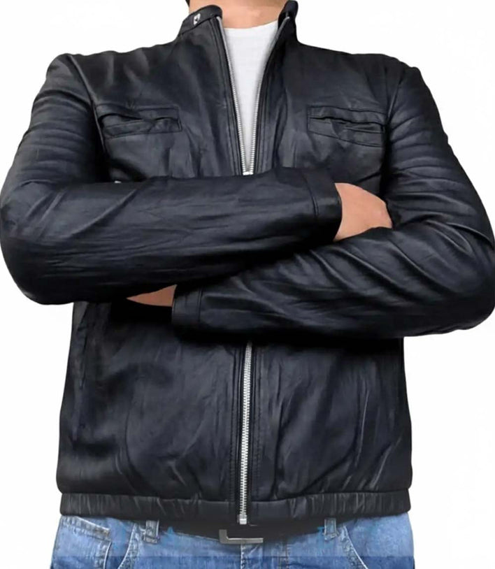 Mens Modern Wrinkled Lambskin Black Leather Jacket - MovieStarJacket