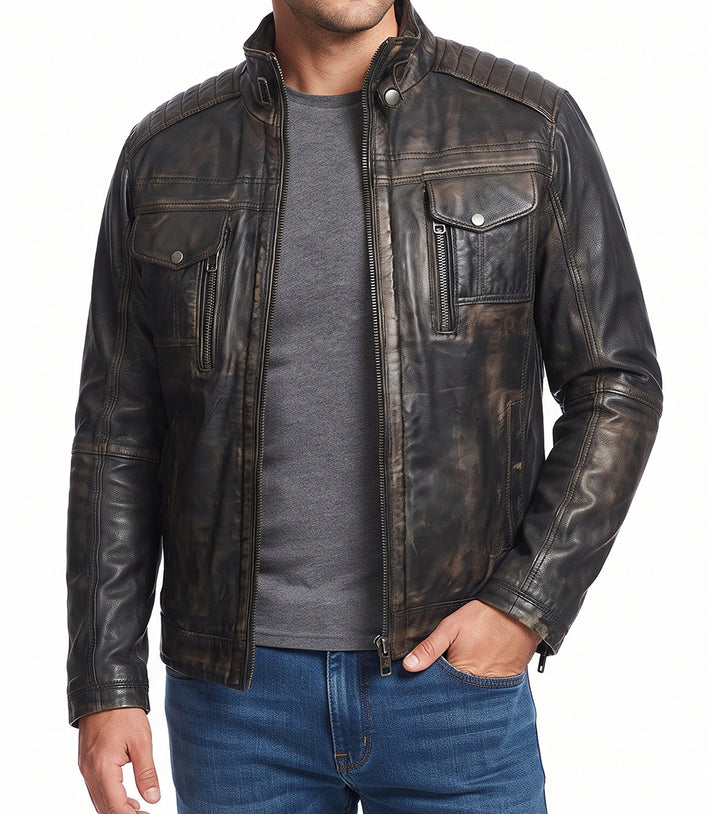 Mens Retro Distressed Brown Biker Leather Jacket