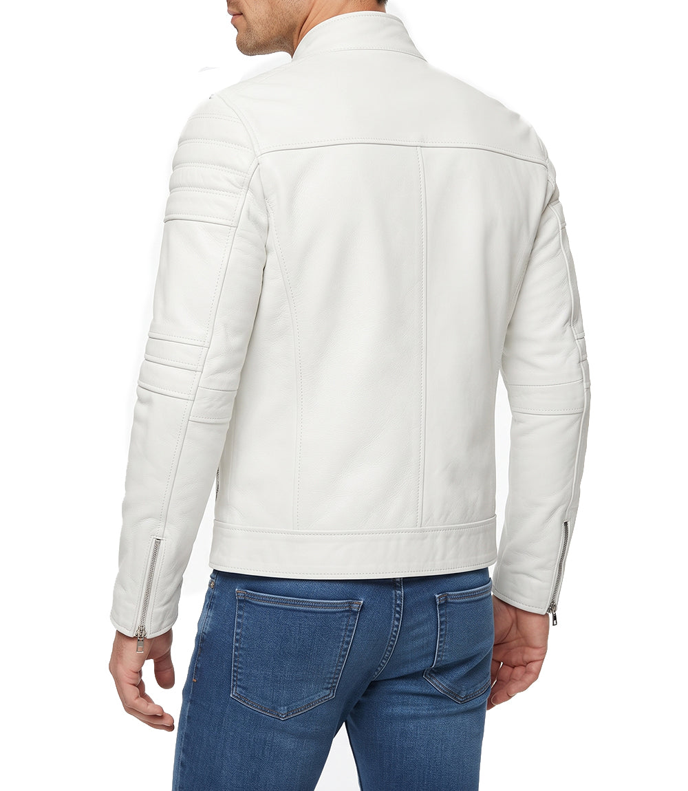 Mens White Lambskin Padded Moto Leather Jacket