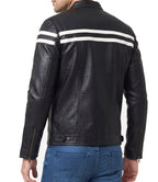 Mens White Stripes Black Moto Leather Jacket