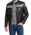 Mens White Stripes Black Moto Leather Jacket