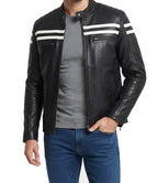 Mens White Stripes Black Moto Leather Jacket