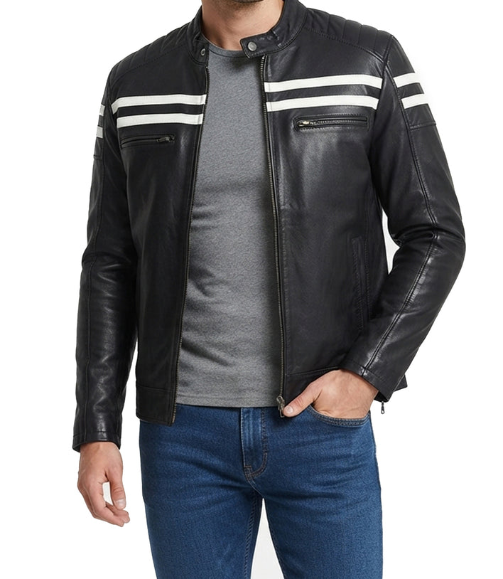 Mens White Stripes Black Moto Leather Jacket