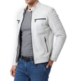 Mens White Lambskin Padded Moto Leather Jacket