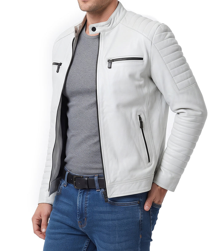 Mens White Lambskin Padded Moto Leather Jacket