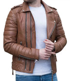 Mens Light Brown Real Leather Biker Jacket - MovieStarJacket