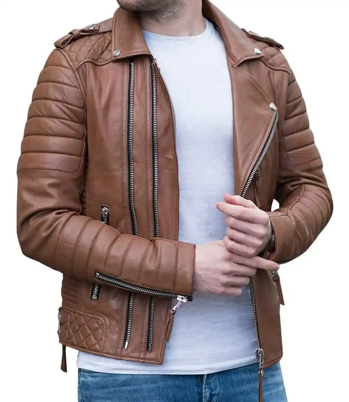 Mens Light Brown Real Leather Biker Jacket - MovieStarJacket
