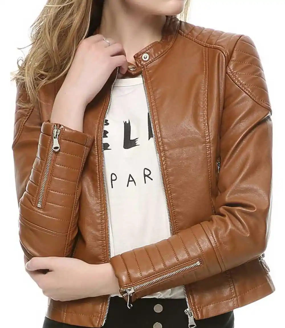 Womens Brown Slimming Moto Leather Jacket - MovieStarJacket