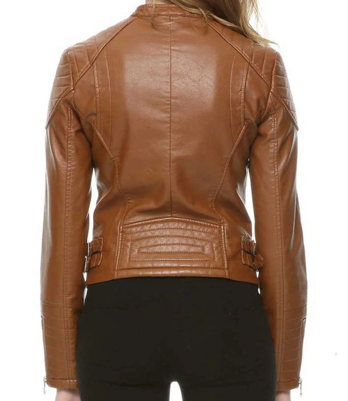 Womens Brown Slimming Moto Leather Jacket - MovieStarJacket