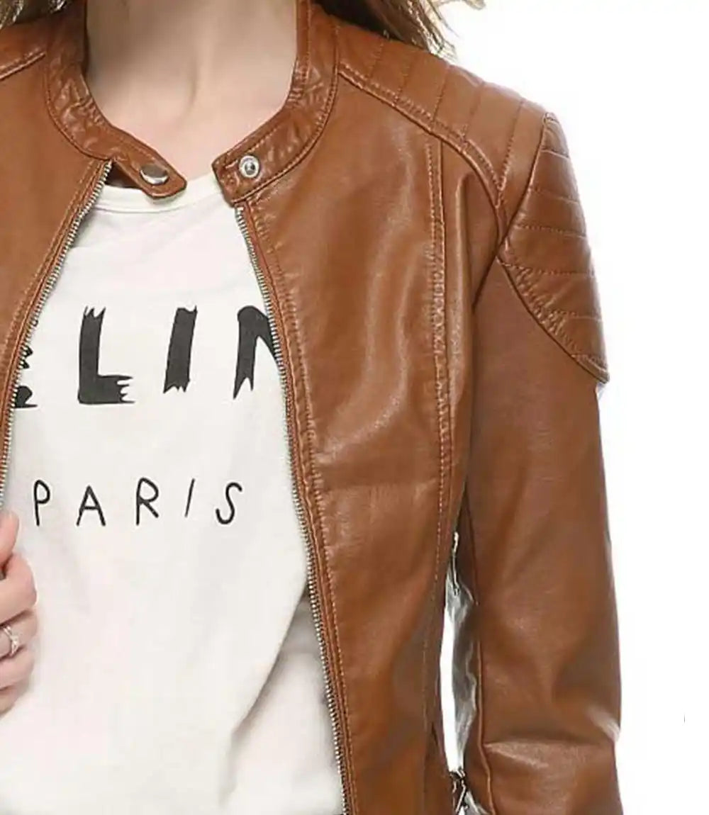 Womens Brown Slimming Moto Leather Jacket - MovieStarJacket